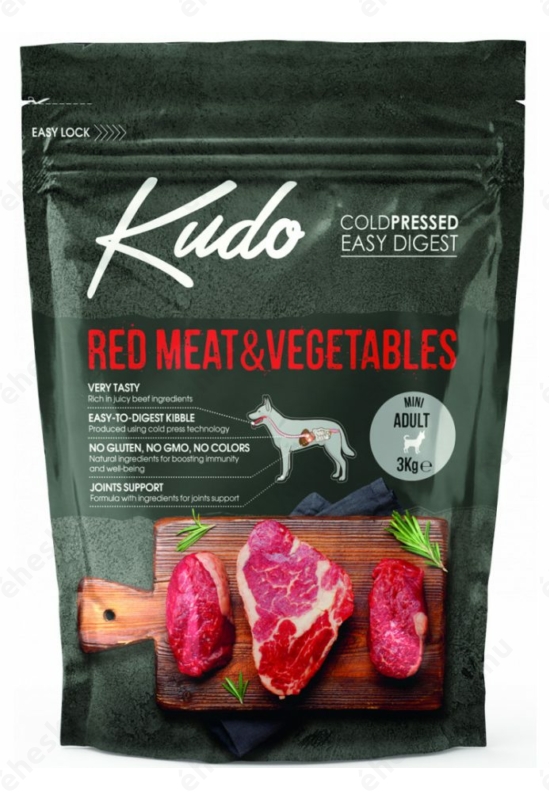 Kudo Red Meat, Vegetables Mini Adult hidegen sajtolt száraztáp vörös húsokkal 3kg
