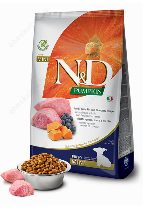 NandD DOG GRAIN FREE BÁRÁNYandÁFONYA SÜTŐTÖKKEL PUPPY MINI 2,5KG